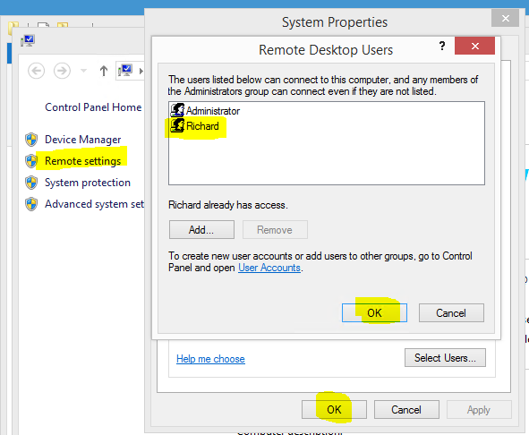 System Properties Remote tab showing the allowed RDP users list