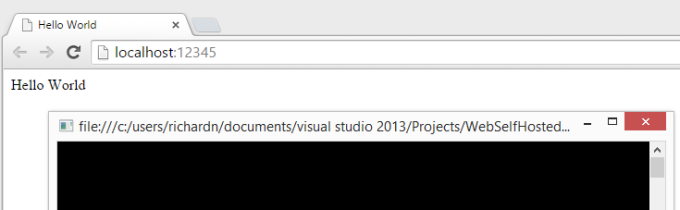 Browser showing the running OWIN application serving the Hello World page and API response