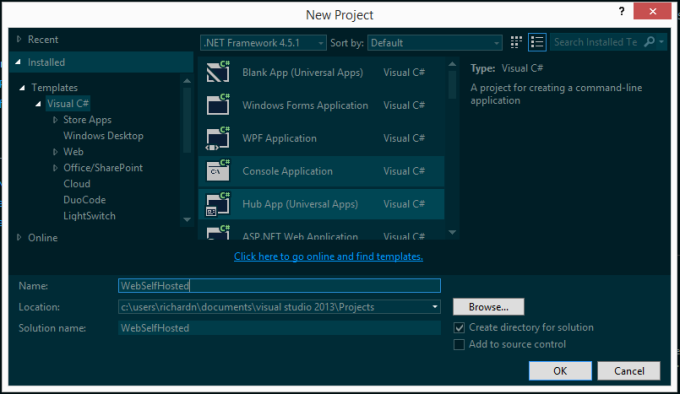 Visual Studio new console application dialog